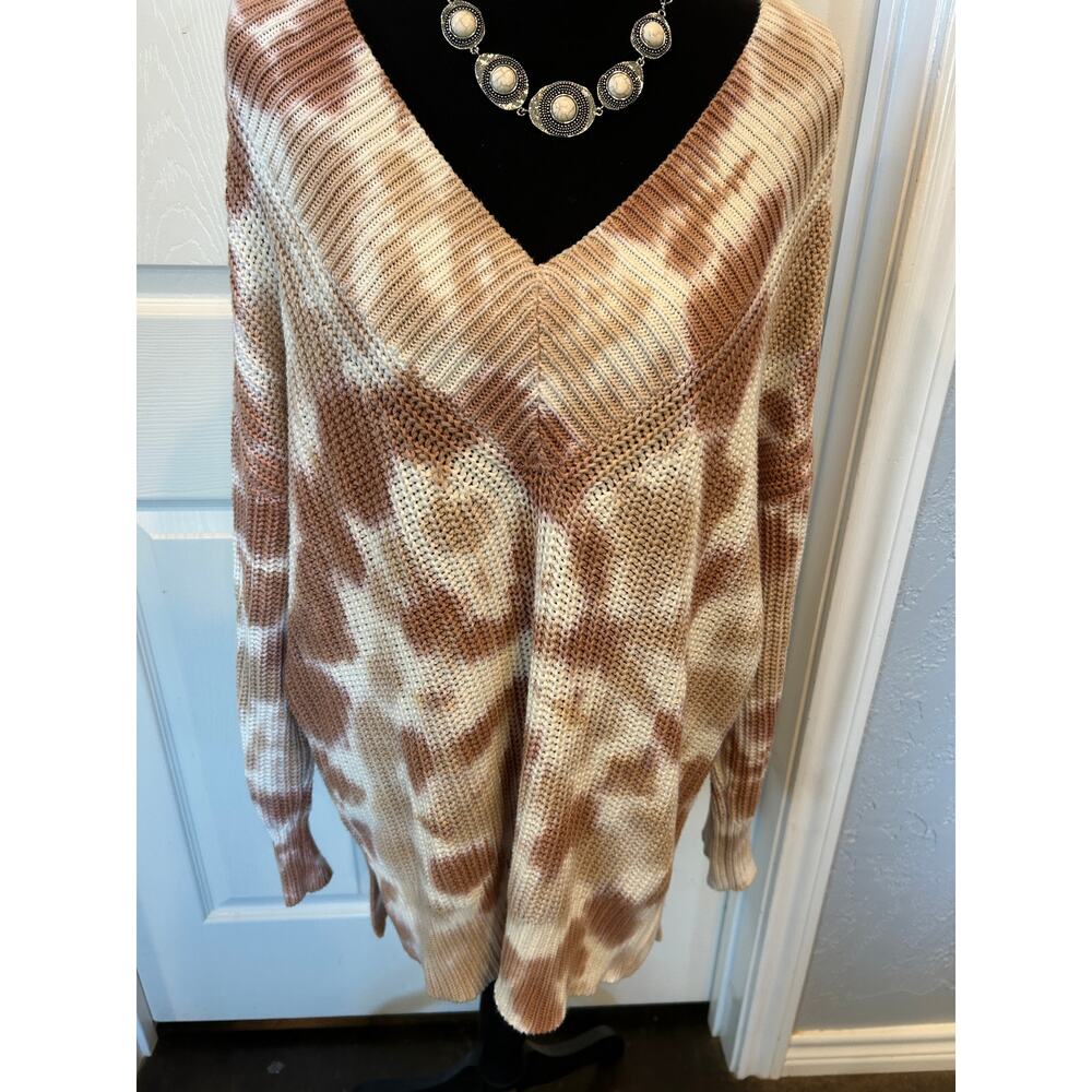 Aerie Womens XS Oversized Chunky Knit V-Neck Tie Dye Sweater Brown Cream Slouchy - Picture 7 of 8